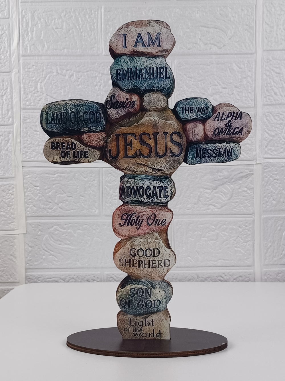 Faith-Inspired Multicolor Stone Cross Sculpture - JESUS Table Accent